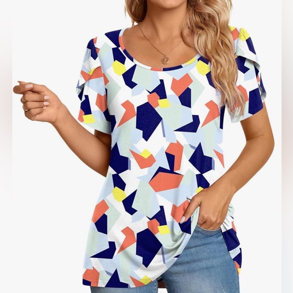 CATHY Women’s Casual Short Sleeve T-Shirt Crewneck Top - Color Block, Size Large